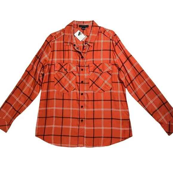 Sanctuary Women Large Plaid Orange Pocket Boyfriend Shirt Top Button NWT - Picture 3 of 10